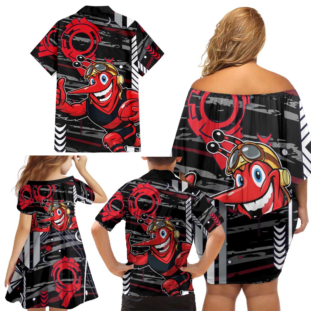 Essendon Football Club Family Matching Off Shoulder Short Dress and Hawaiian Shirt Mascot Cartoon Football Illustration Style