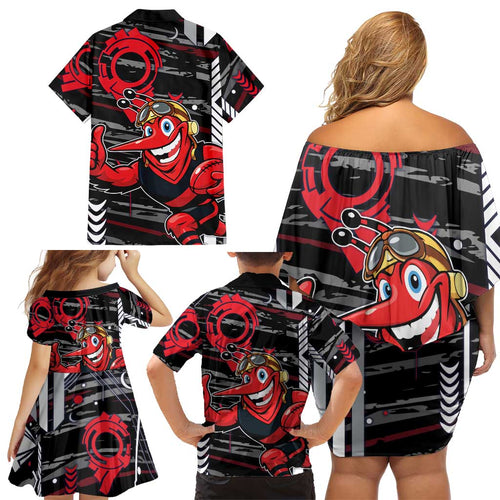 Essendon Football Club Family Matching Off Shoulder Short Dress and Hawaiian Shirt Mascot Cartoon Football Illustration Style