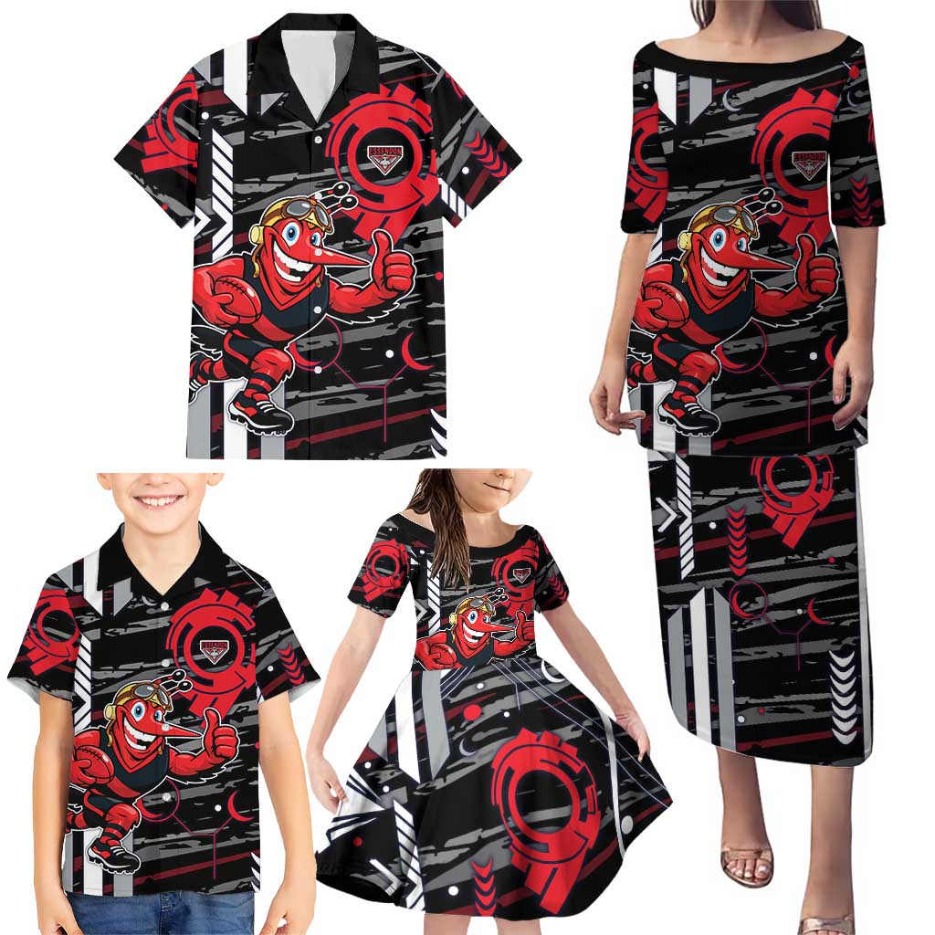 Essendon Football Club Family Matching Puletasi and Hawaiian Shirt Mascot Cartoon Football Illustration Style