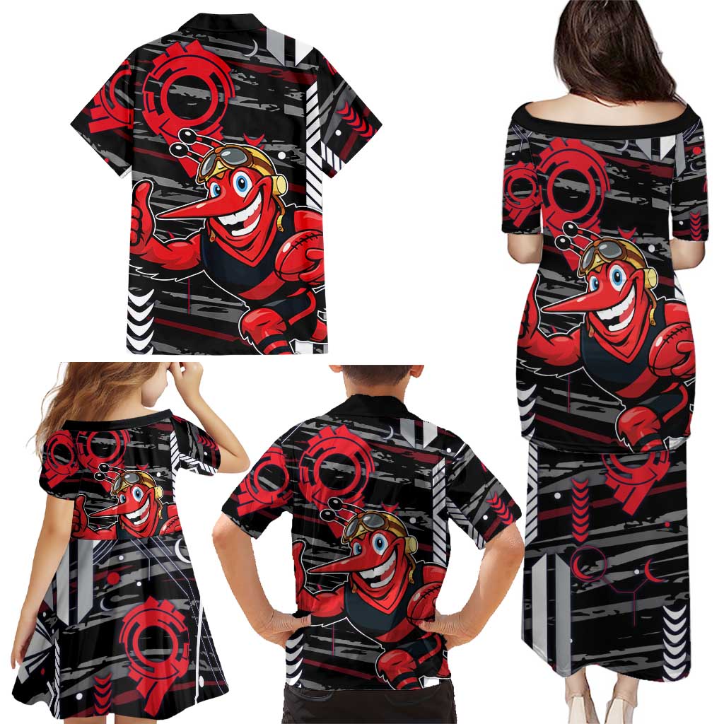 Essendon Football Club Family Matching Puletasi and Hawaiian Shirt Mascot Cartoon Football Illustration Style