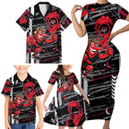 Essendon Football Club Family Matching Short Sleeve Bodycon Dress and Hawaiian Shirt Mascot Cartoon Football Illustration Style