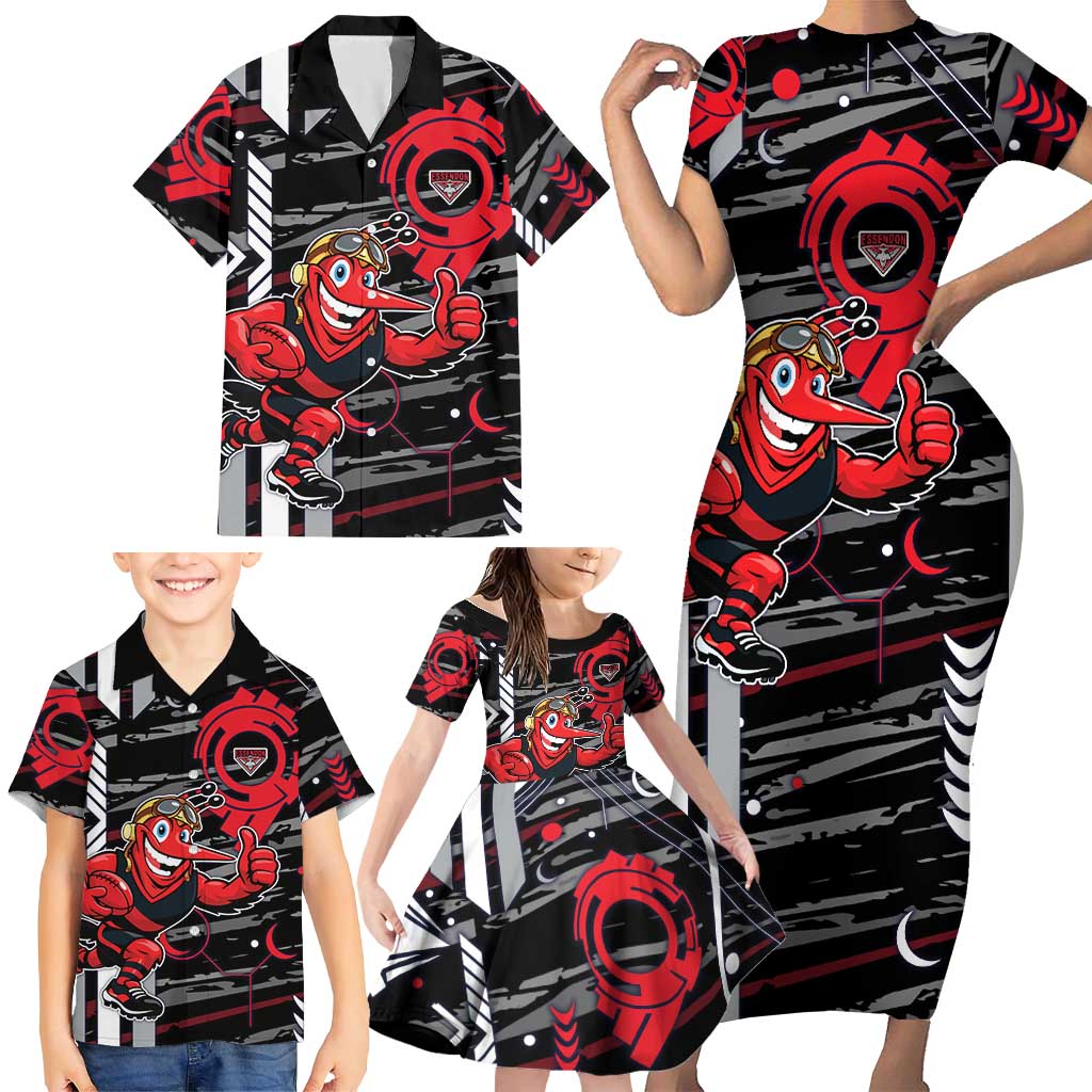 Essendon Football Club Family Matching Short Sleeve Bodycon Dress and Hawaiian Shirt Mascot Cartoon Football Illustration Style