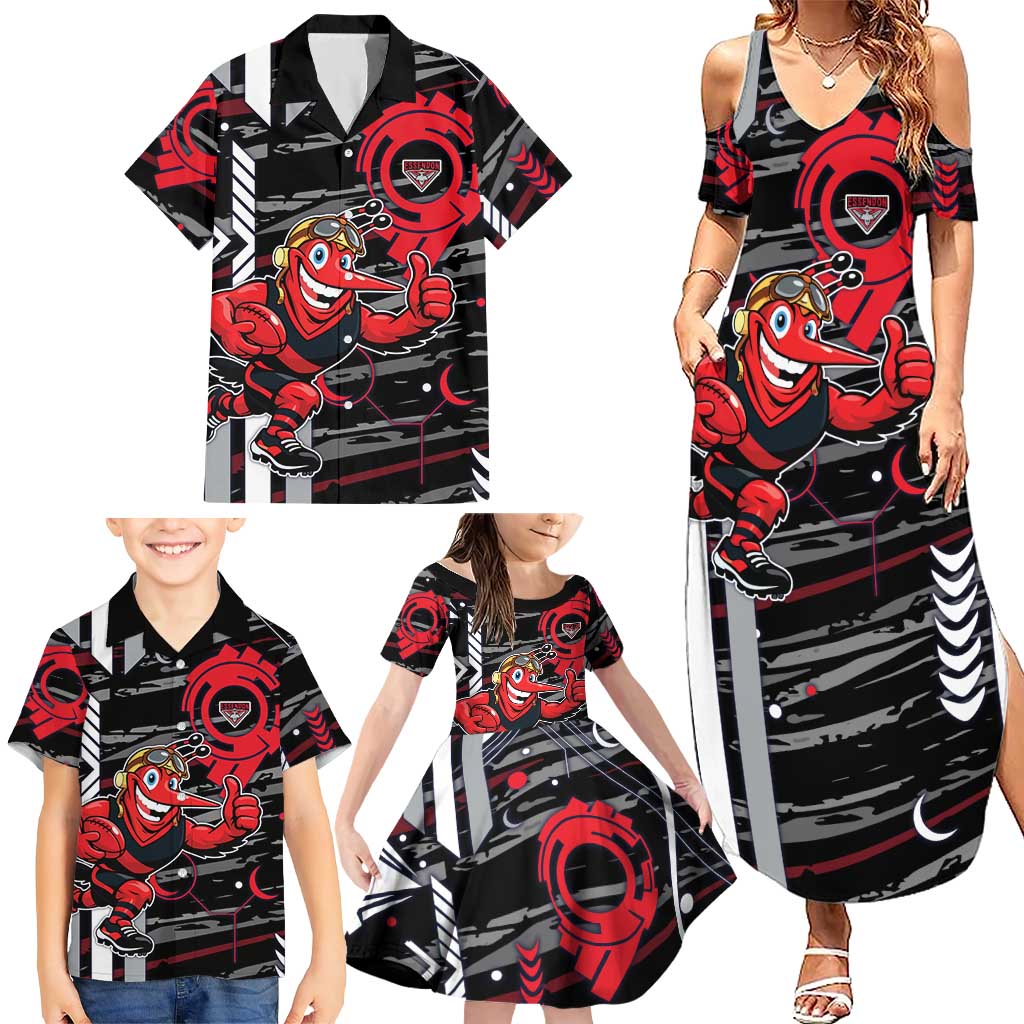 Essendon Football Club Family Matching Summer Maxi Dress and Hawaiian Shirt Mascot Cartoon Football Illustration Style