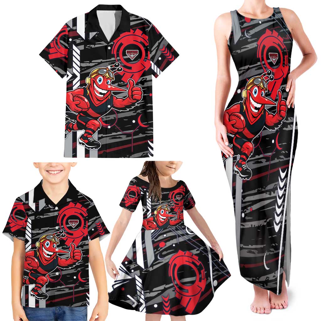 Essendon Football Club Family Matching Tank Maxi Dress and Hawaiian Shirt Mascot Cartoon Football Illustration Style