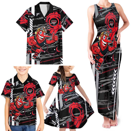 Essendon Football Club Family Matching Tank Maxi Dress and Hawaiian Shirt Mascot Cartoon Football Illustration Style