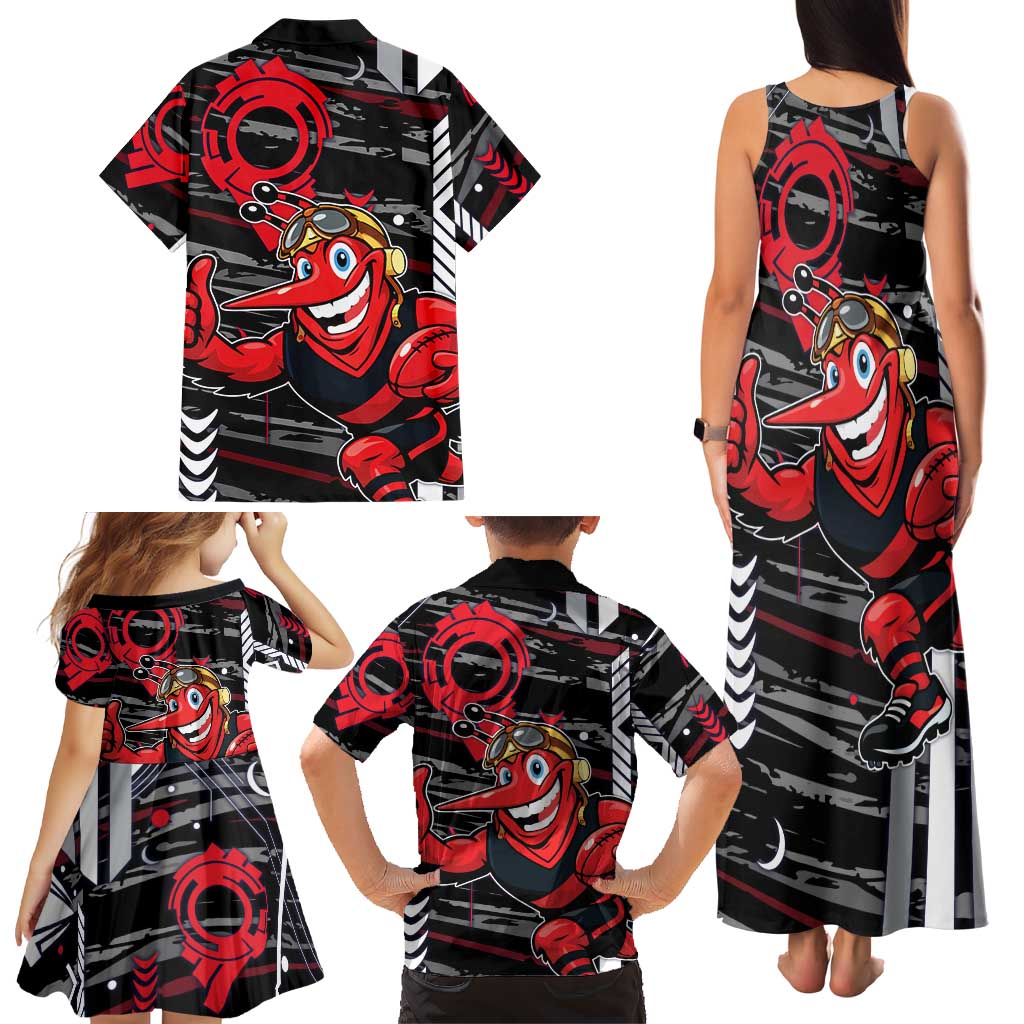 Essendon Football Club Family Matching Tank Maxi Dress and Hawaiian Shirt Mascot Cartoon Football Illustration Style