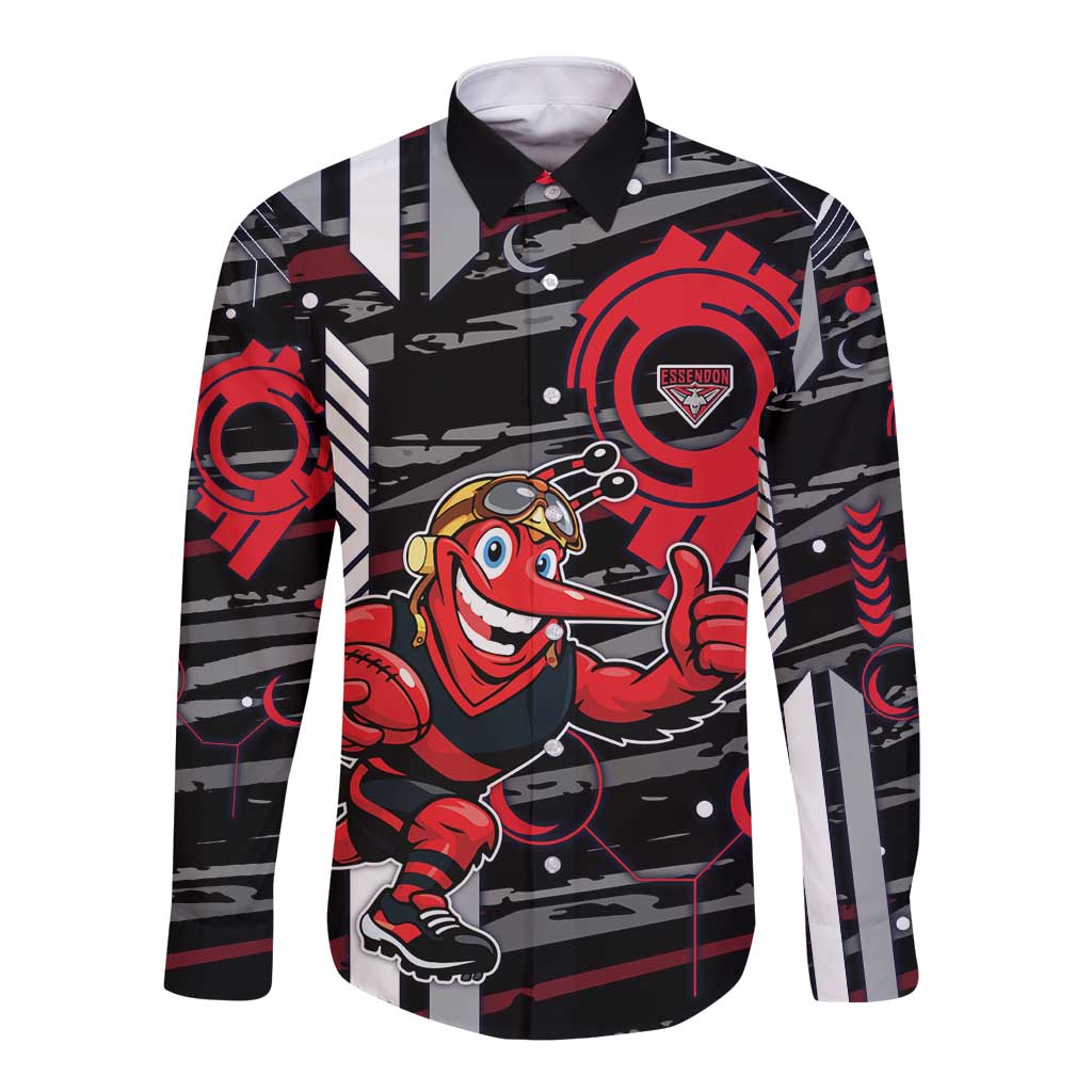 Essendon Football Club Long Sleeve Button Shirt Mascot Cartoon Football Illustration Style