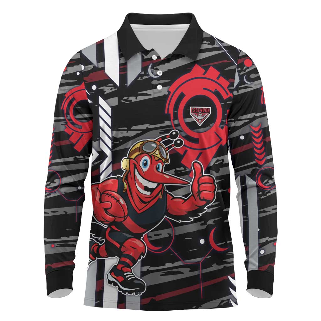 Essendon Football Club Long Sleeve Polo Shirt Mascot Cartoon Football Illustration Style