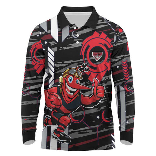 Essendon Football Club Long Sleeve Polo Shirt Mascot Cartoon Football Illustration Style