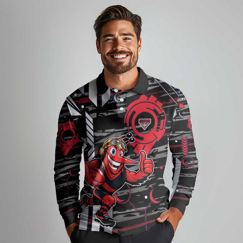 Essendon Football Club Long Sleeve Polo Shirt Mascot Cartoon Football Illustration Style