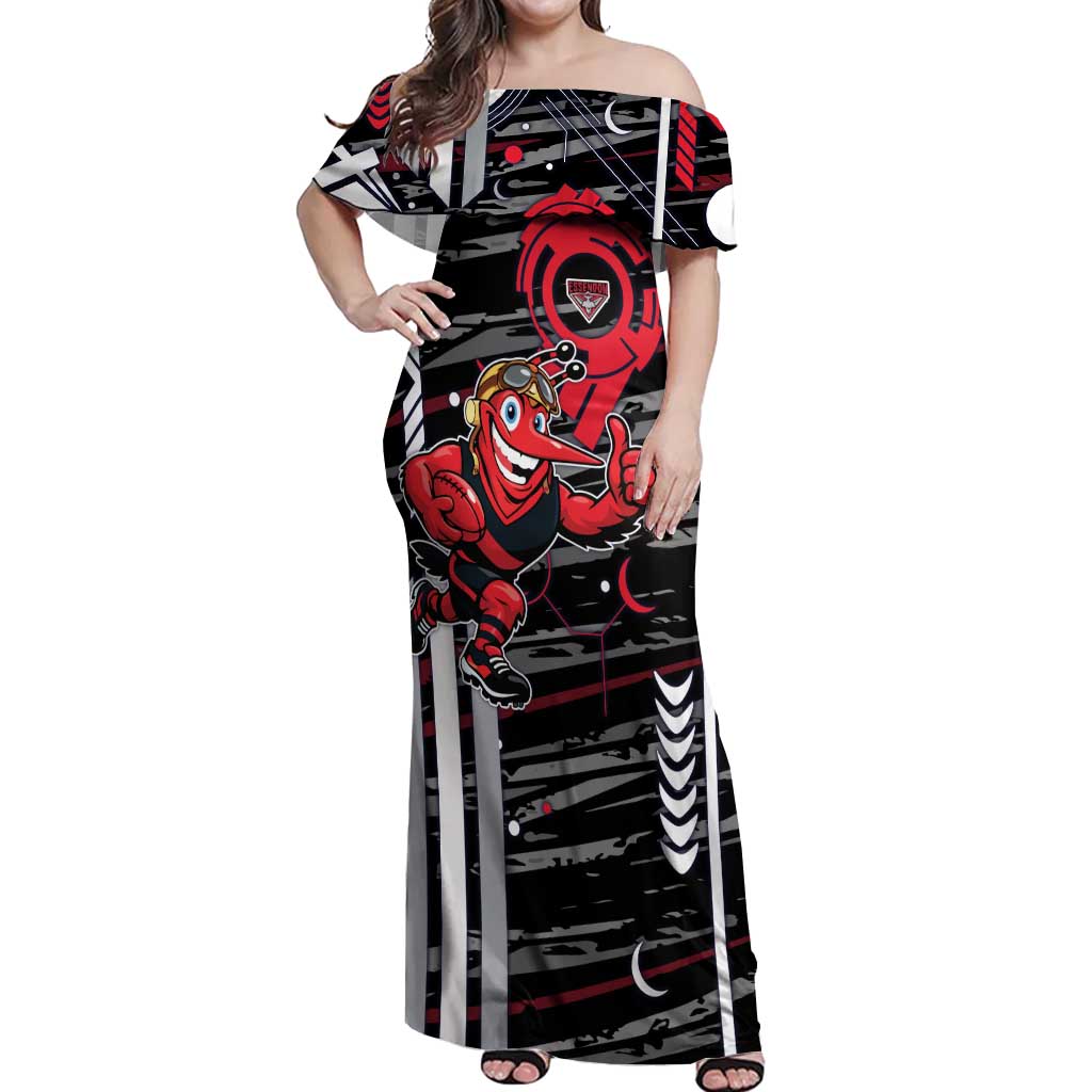 Essendon Football Club Off Shoulder Maxi Dress Mascot Cartoon Football Illustration Style