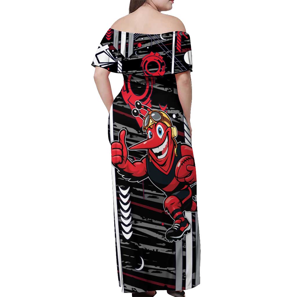 Essendon Football Club Off Shoulder Maxi Dress Mascot Cartoon Football Illustration Style
