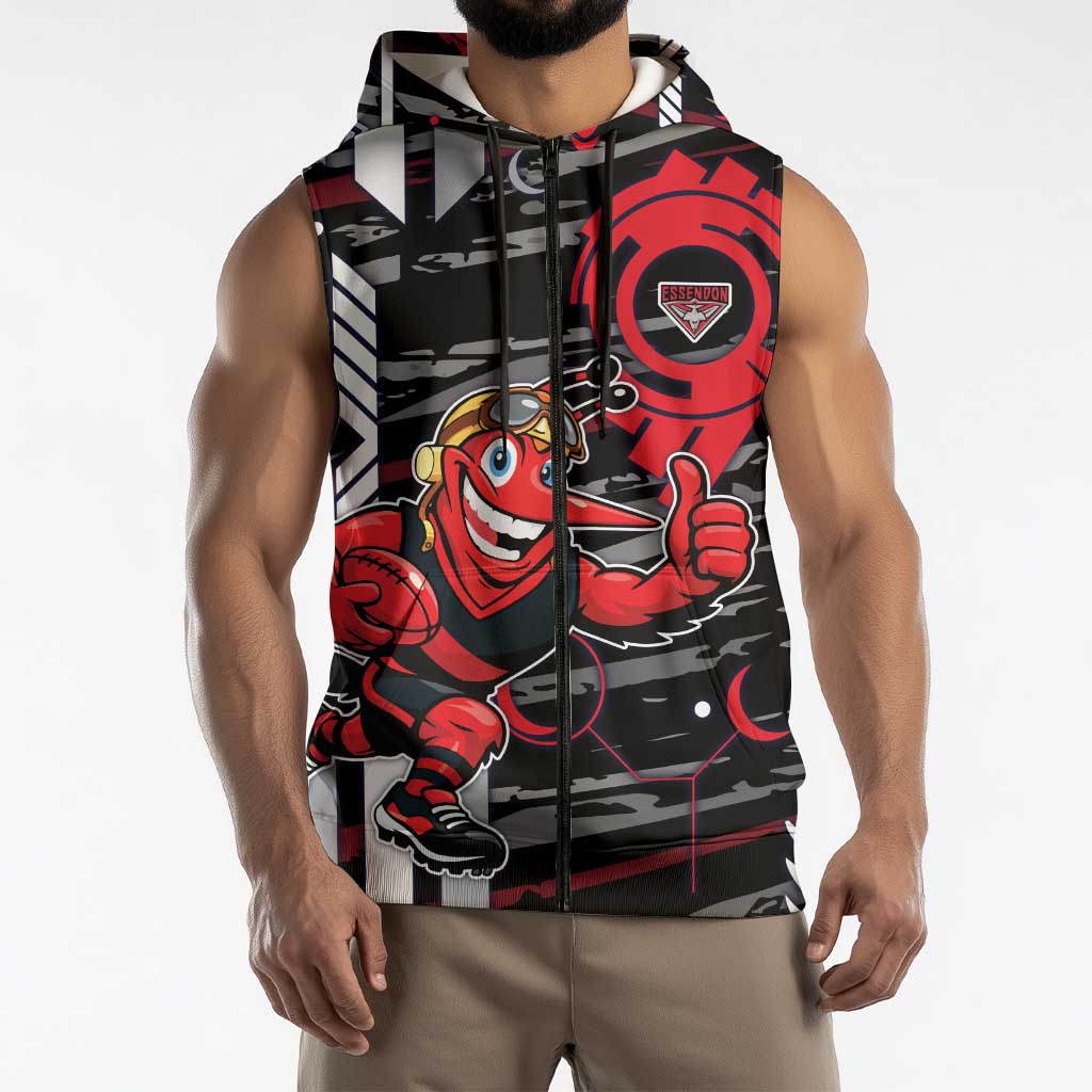 Essendon Football Club Sleeveless Zip Hoodie Mascot Cartoon Football Illustration Style