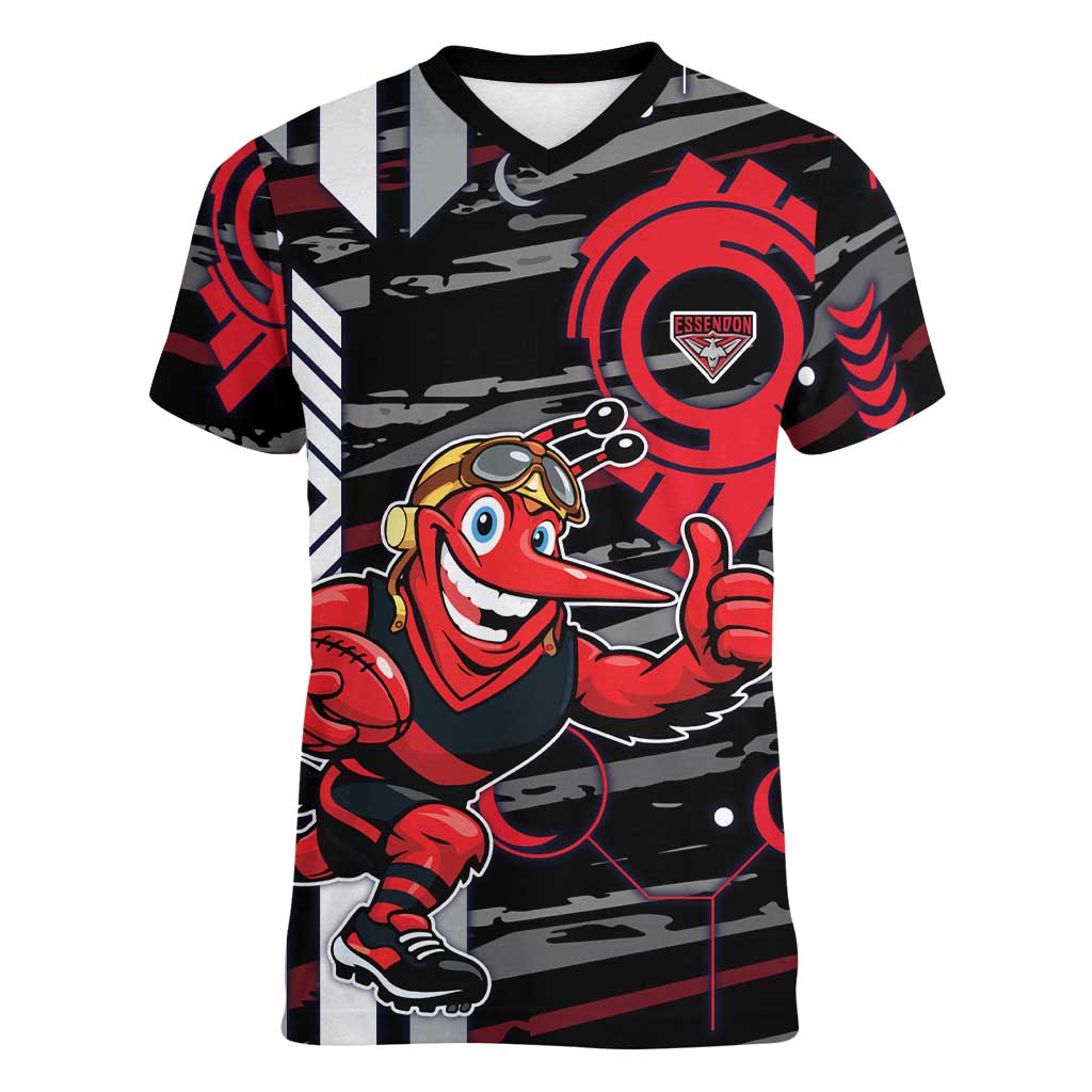 Essendon Football Club Women V-Neck T-Shirt Mascot Cartoon Football Illustration Style