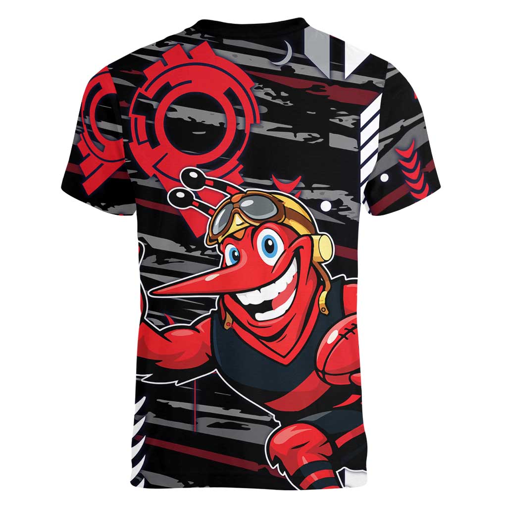 Essendon Football Club Women V-Neck T-Shirt Mascot Cartoon Football Illustration Style