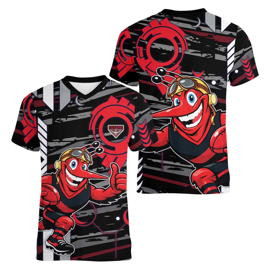 Essendon Football Club Women V-Neck T-Shirt Mascot Cartoon Football Illustration Style