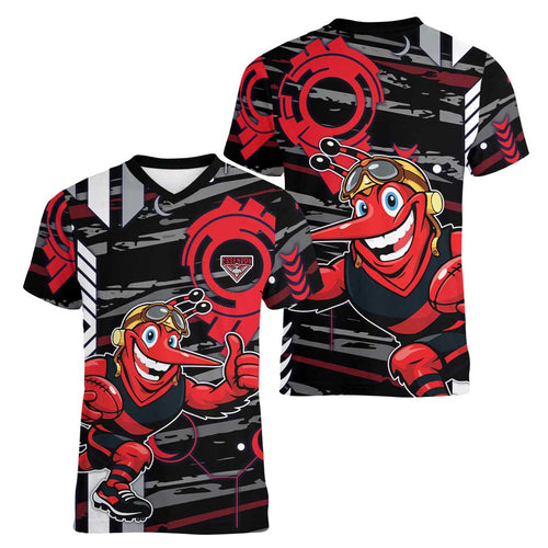 Essendon Football Club Women V-Neck T-Shirt Mascot Cartoon Football Illustration Style