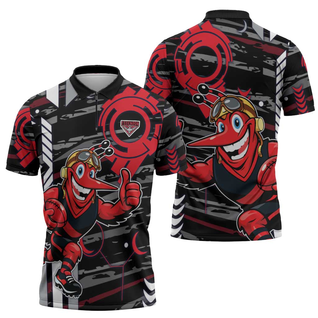 Essendon Football Club Zipper Polo Shirt Mascot Cartoon Football Illustration Style