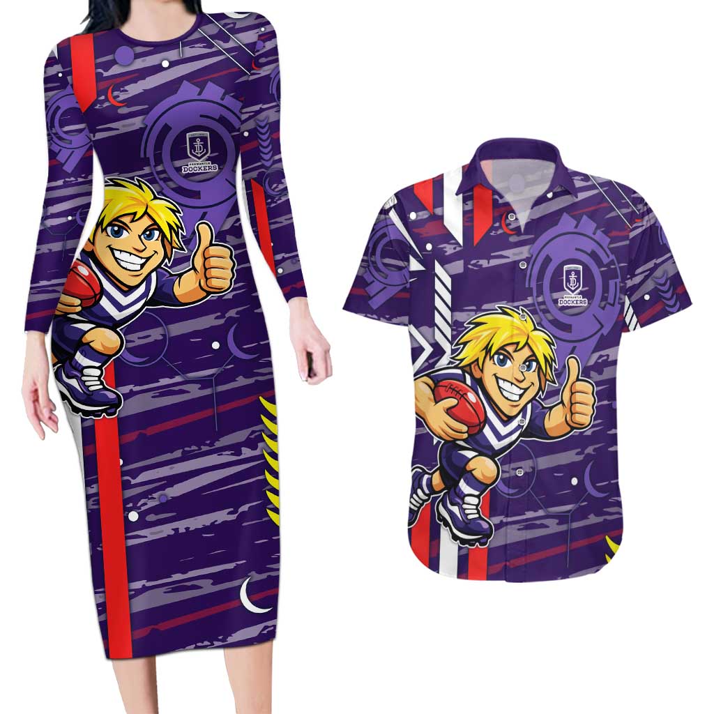Fremantle Dockers Couples Matching Long Sleeve Bodycon Dress and Hawaiian Shirt Mascot Cartoon Football Illustration Style