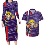 Fremantle Dockers Couples Matching Long Sleeve Bodycon Dress and Hawaiian Shirt Mascot Cartoon Football Illustration Style