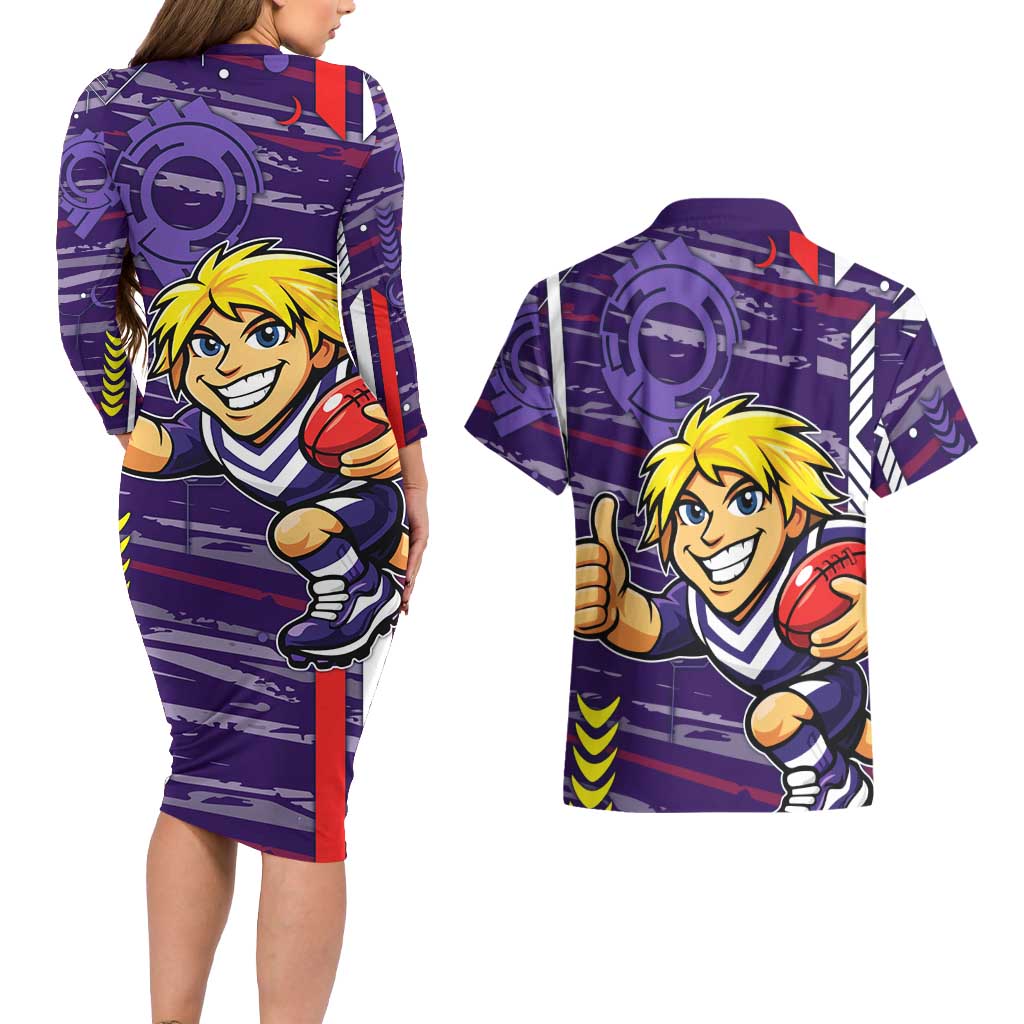 Fremantle Dockers Couples Matching Long Sleeve Bodycon Dress and Hawaiian Shirt Mascot Cartoon Football Illustration Style