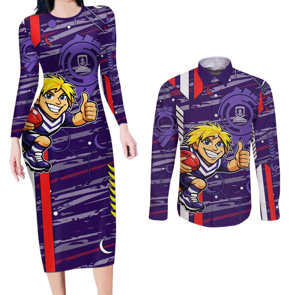 Fremantle Dockers Couples Matching Long Sleeve Bodycon Dress and Long Sleeve Button Shirt Mascot Cartoon Football Illustration Style