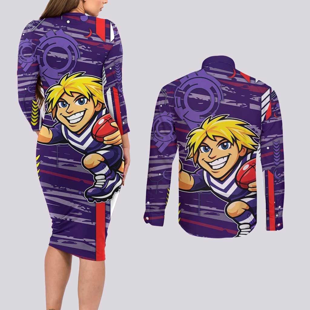 Fremantle Dockers Couples Matching Long Sleeve Bodycon Dress and Long Sleeve Button Shirt Mascot Cartoon Football Illustration Style