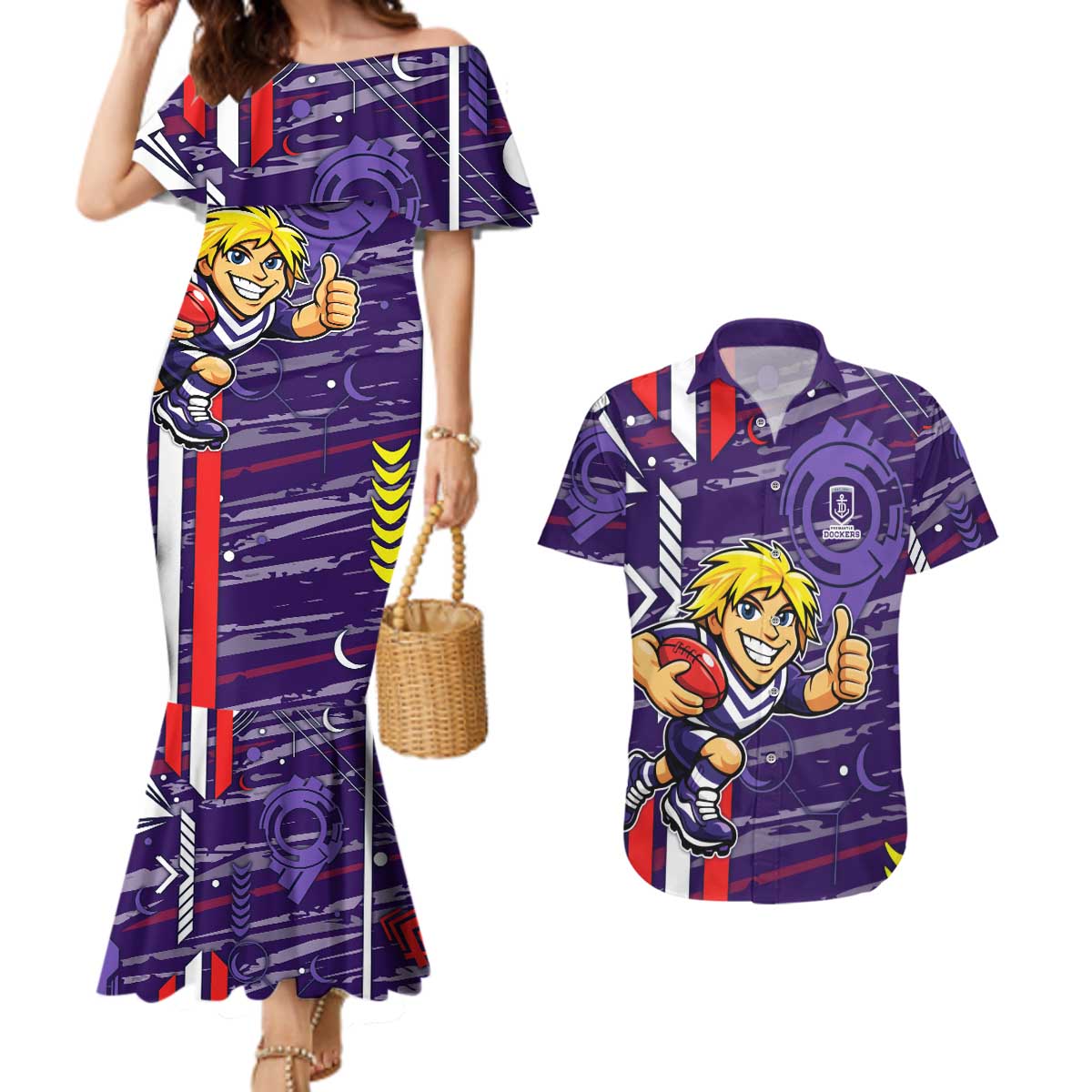 Fremantle Dockers Couples Matching Mermaid Dress and Hawaiian Shirt Mascot Cartoon Football Illustration Style