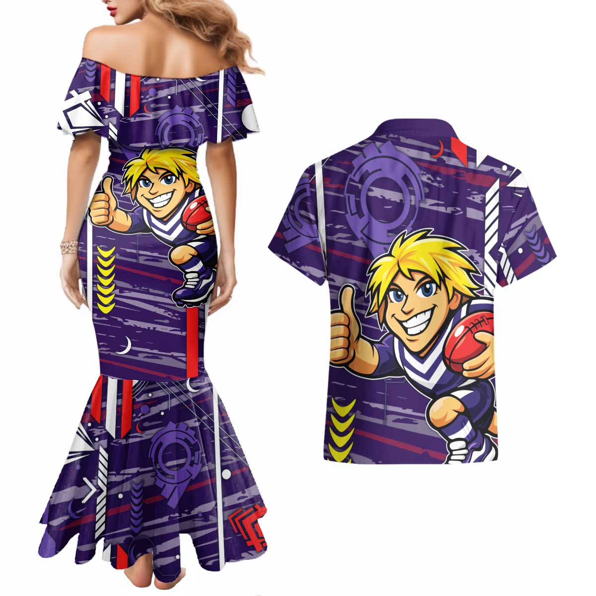 Fremantle Dockers Couples Matching Mermaid Dress and Hawaiian Shirt Mascot Cartoon Football Illustration Style