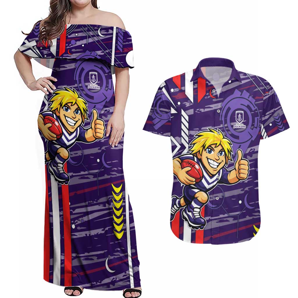 Fremantle Dockers Couples Matching Off Shoulder Maxi Dress and Hawaiian Shirt Mascot Cartoon Football Illustration Style