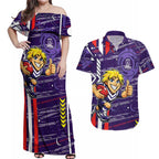 Fremantle Dockers Couples Matching Off Shoulder Maxi Dress and Hawaiian Shirt Mascot Cartoon Football Illustration Style