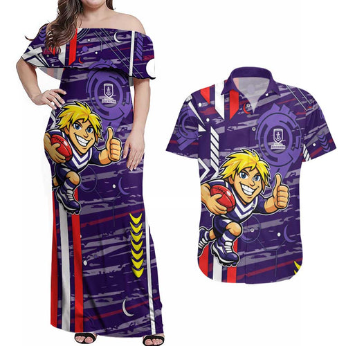 Fremantle Dockers Couples Matching Off Shoulder Maxi Dress and Hawaiian Shirt Mascot Cartoon Football Illustration Style