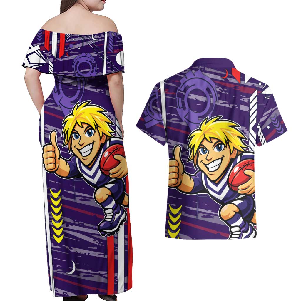 Fremantle Dockers Couples Matching Off Shoulder Maxi Dress and Hawaiian Shirt Mascot Cartoon Football Illustration Style