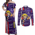 Fremantle Dockers Couples Matching Off Shoulder Maxi Dress and Long Sleeve Button Shirt Mascot Cartoon Football Illustration Style