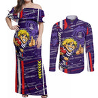 Fremantle Dockers Couples Matching Off Shoulder Maxi Dress and Long Sleeve Button Shirt Mascot Cartoon Football Illustration Style