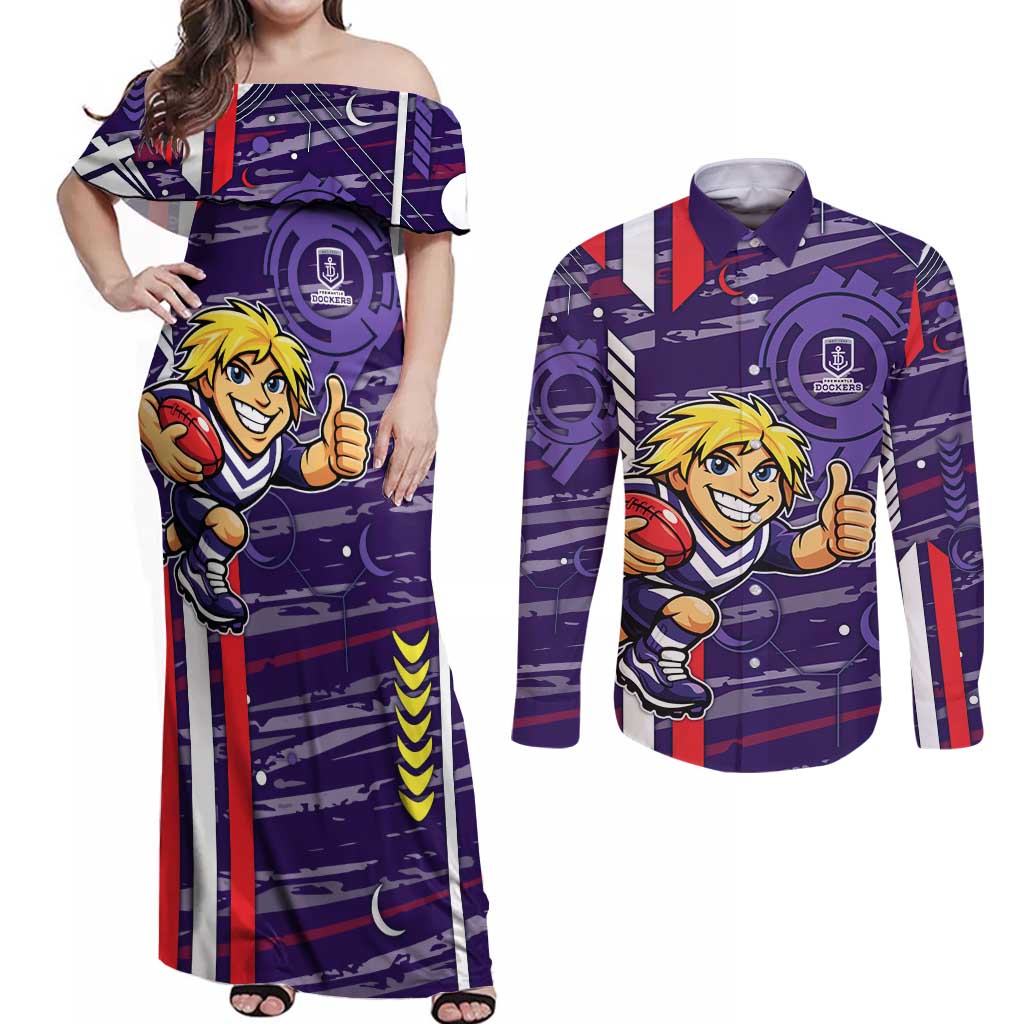 Fremantle Dockers Couples Matching Off Shoulder Maxi Dress and Long Sleeve Button Shirt Mascot Cartoon Football Illustration Style