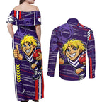 Fremantle Dockers Couples Matching Off Shoulder Maxi Dress and Long Sleeve Button Shirt Mascot Cartoon Football Illustration Style