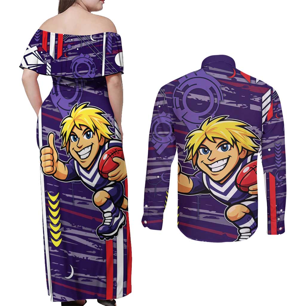 Fremantle Dockers Couples Matching Off Shoulder Maxi Dress and Long Sleeve Button Shirt Mascot Cartoon Football Illustration Style