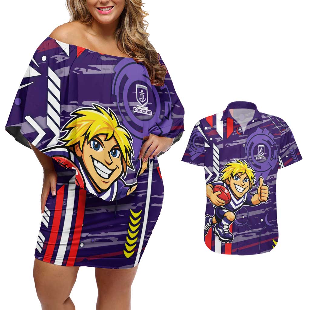 Fremantle Dockers Couples Matching Off Shoulder Short Dress and Hawaiian Shirt Mascot Cartoon Football Illustration Style