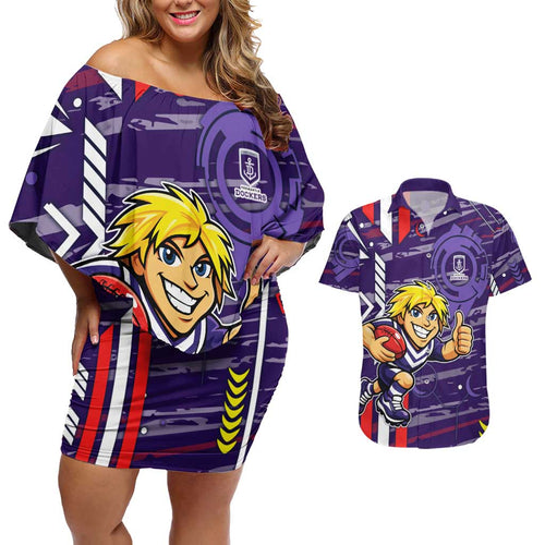 Fremantle Dockers Couples Matching Off Shoulder Short Dress and Hawaiian Shirt Mascot Cartoon Football Illustration Style