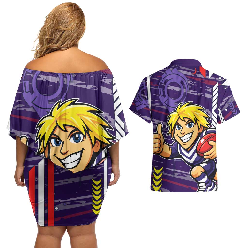 Fremantle Dockers Couples Matching Off Shoulder Short Dress and Hawaiian Shirt Mascot Cartoon Football Illustration Style