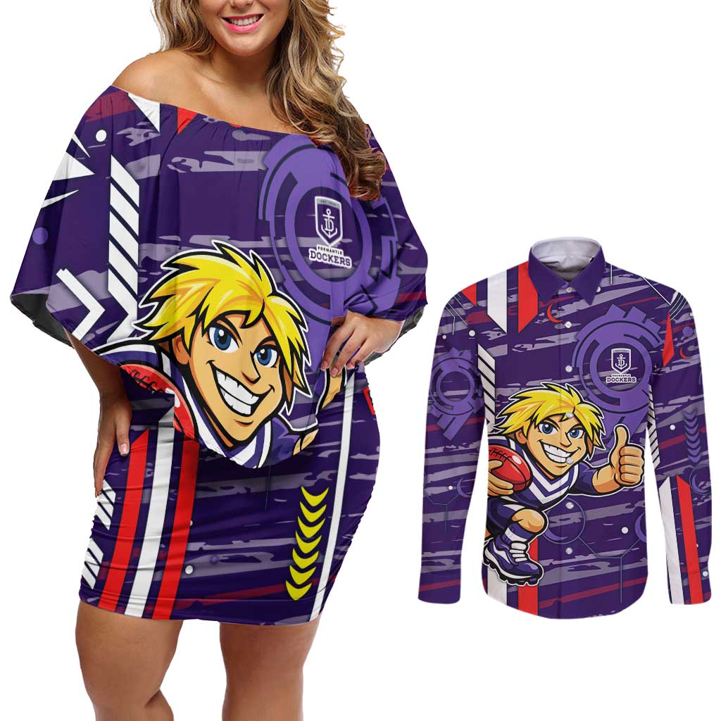 Fremantle Dockers Couples Matching Off Shoulder Short Dress and Long Sleeve Button Shirt Mascot Cartoon Football Illustration Style