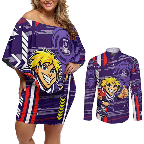 Fremantle Dockers Couples Matching Off Shoulder Short Dress and Long Sleeve Button Shirt Mascot Cartoon Football Illustration Style