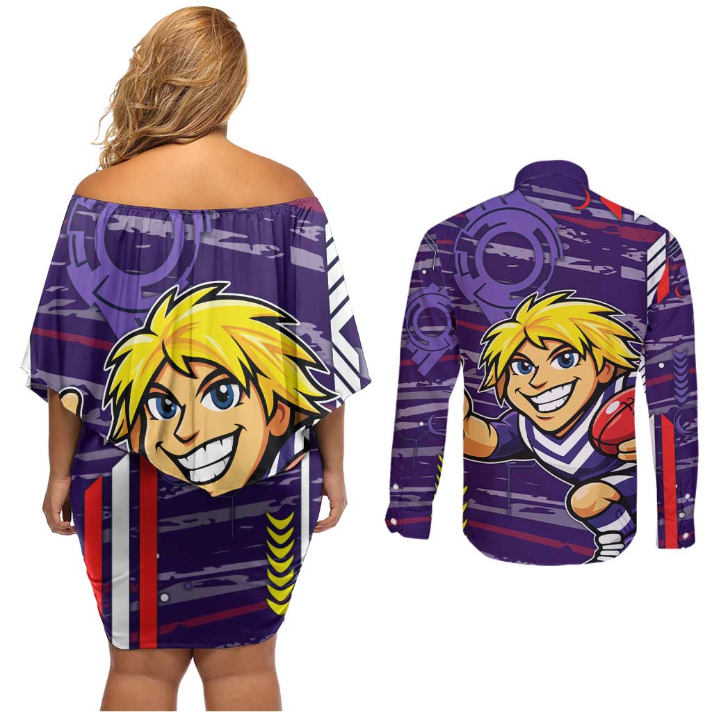 Fremantle Dockers Couples Matching Off Shoulder Short Dress and Long Sleeve Button Shirt Mascot Cartoon Football Illustration Style