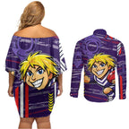 Fremantle Dockers Couples Matching Off Shoulder Short Dress and Long Sleeve Button Shirt Mascot Cartoon Football Illustration Style