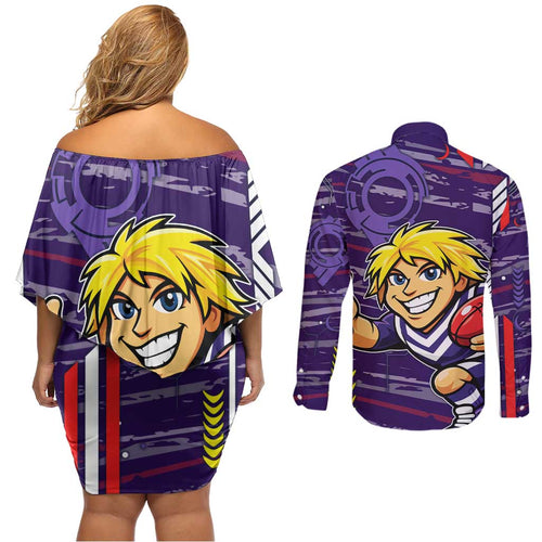Fremantle Dockers Couples Matching Off Shoulder Short Dress and Long Sleeve Button Shirt Mascot Cartoon Football Illustration Style