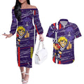 Fremantle Dockers Couples Matching Off The Shoulder Long Sleeve Dress and Hawaiian Shirt Mascot Cartoon Football Illustration Style
