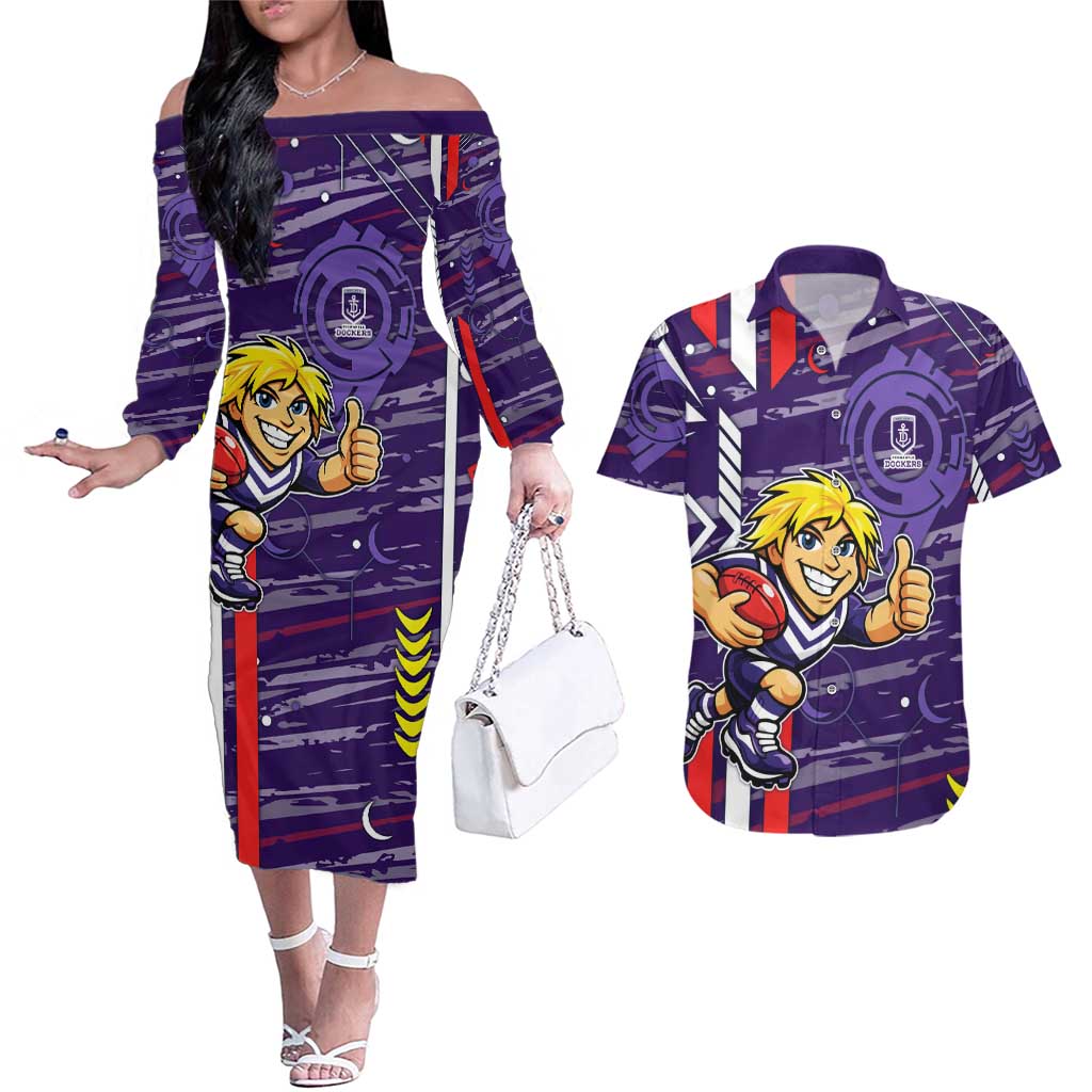 Fremantle Dockers Couples Matching Off The Shoulder Long Sleeve Dress and Hawaiian Shirt Mascot Cartoon Football Illustration Style
