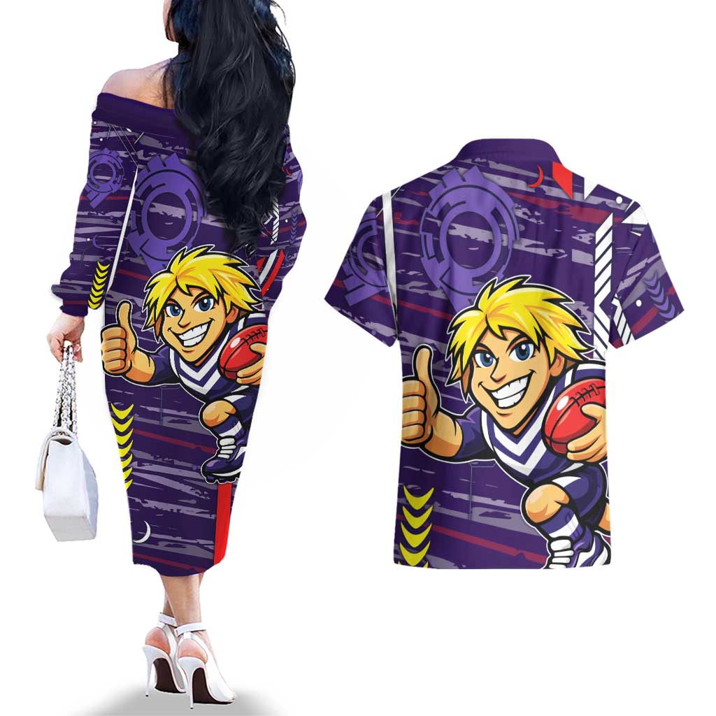 Fremantle Dockers Couples Matching Off The Shoulder Long Sleeve Dress and Hawaiian Shirt Mascot Cartoon Football Illustration Style