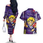 Fremantle Dockers Couples Matching Off The Shoulder Long Sleeve Dress and Hawaiian Shirt Mascot Cartoon Football Illustration Style